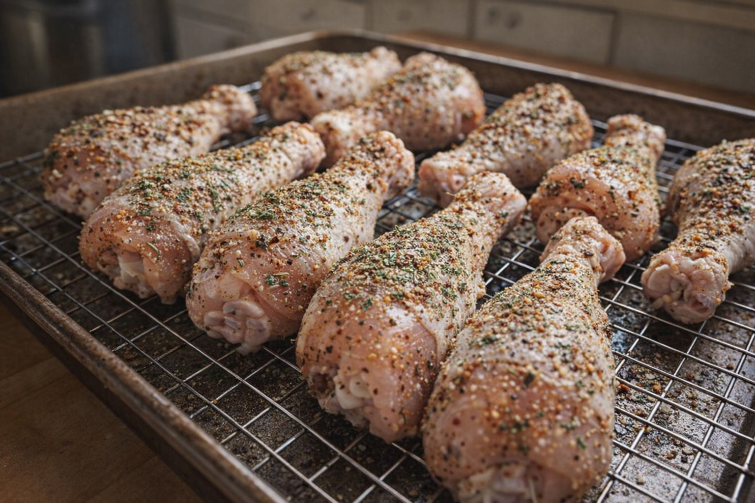 Close up of raw chicken drumsticks, seasoned with herbs and spices, arranged on a wire rack set inside a baking sheet, shot from a slightly elevated angle